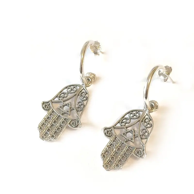 Oorbellen Fatima hand, Hamsa oorring zilver, creool