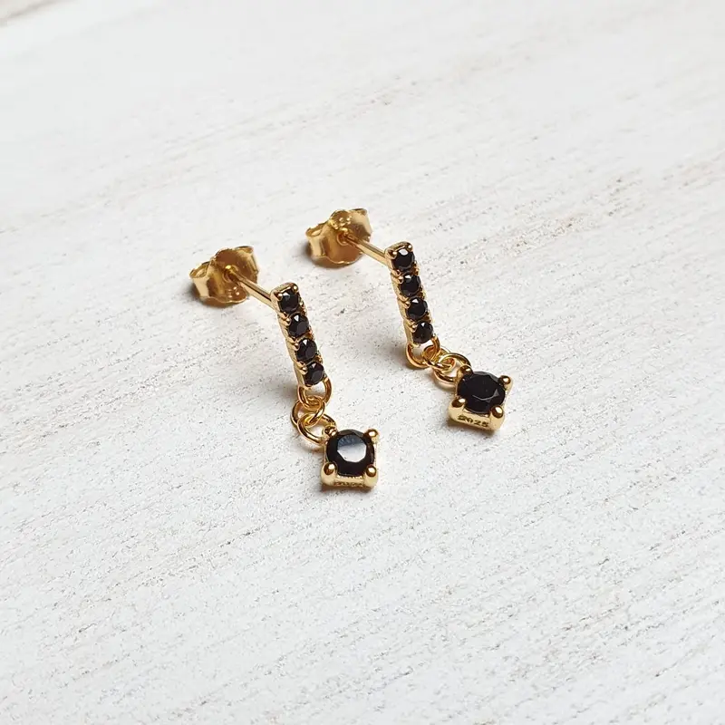 Oorbellen Hanger Zwart Steentjes - Zilver S925 & Goldplated