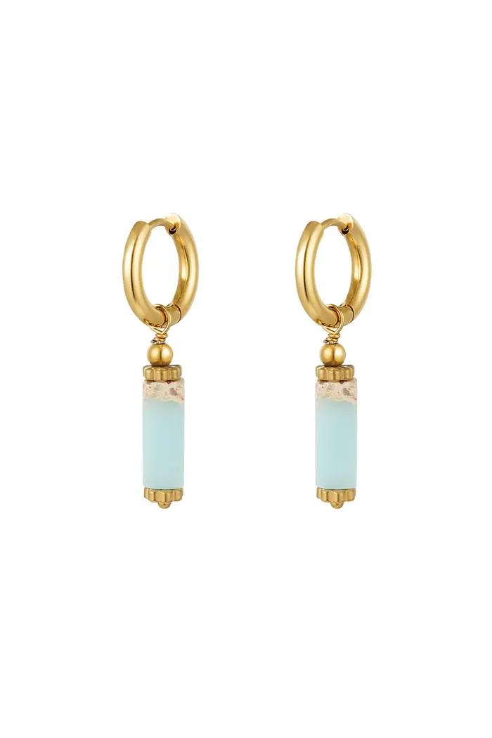 Oorbellen rechthoekige steen Blauw & Gold RVS
