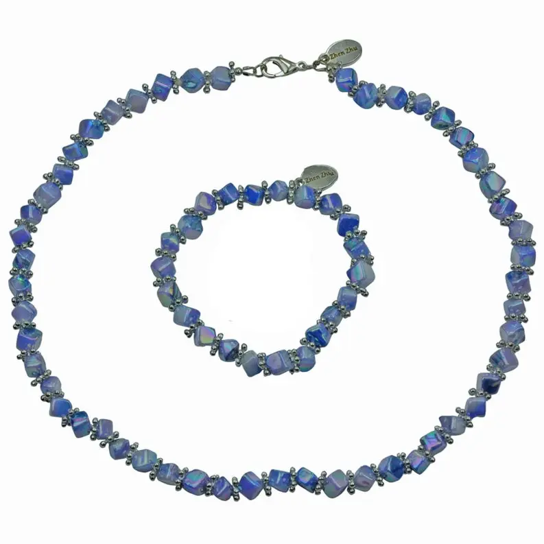 Parelmoeren set van ketting en armband Shell Cube AB blue