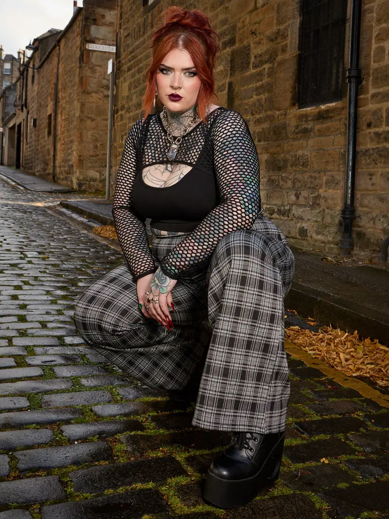 Plaid Wide-Leg Trousers - Black & Grey