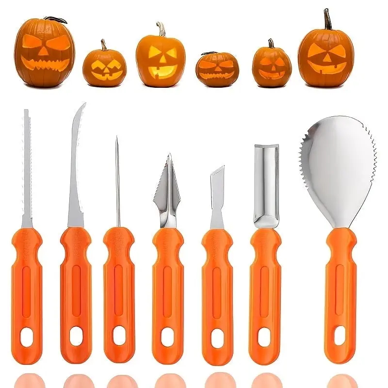 Pompoensnijset en gereedschap met roestvrijstalen benodigdheden voor een Jack-o'-lantern, zaag