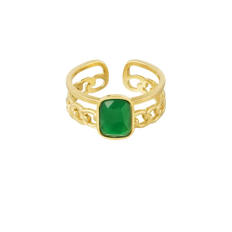 Ring Chain Dubbel met Steen Groen Goudkleurig One size - Roestvrij Staal