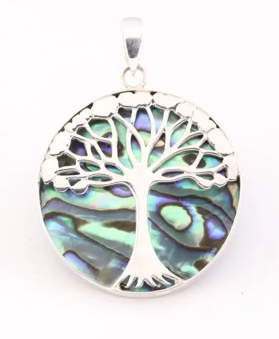 Ronde zilveren hanger met levensboom op abalone schelp