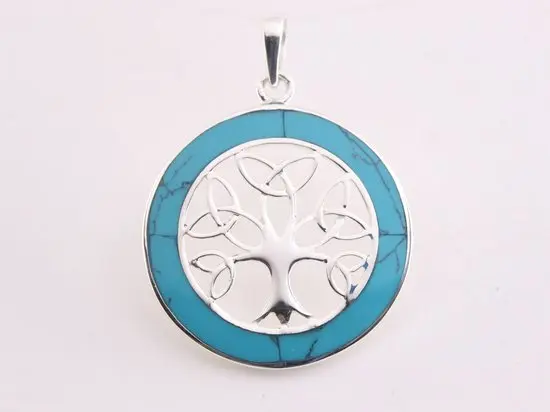 Ronde zilveren levensboom hanger met blauwe turkoois
