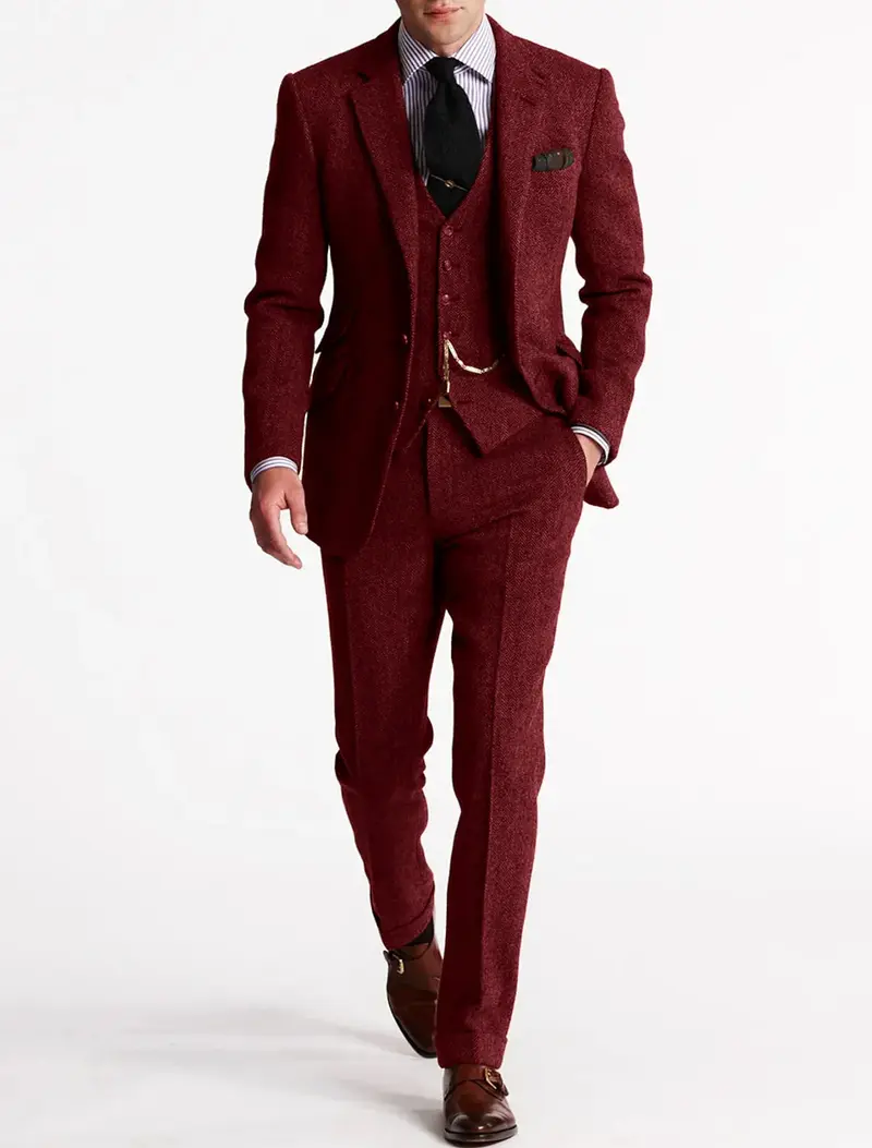 Slim fit driedelig herenpak van tweed met visgraatmotief