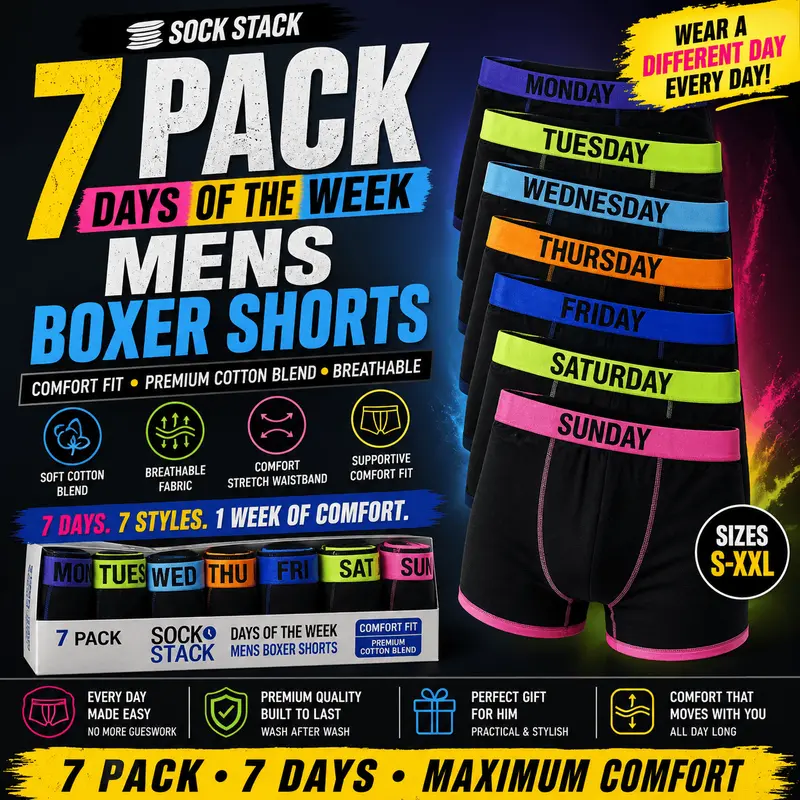 Sock Stack 7 Pack Days Of The Week Mens Boxer Shorts Comfort Fit Cotton Blend