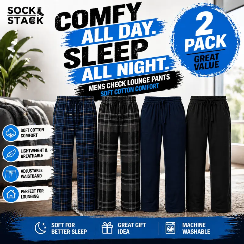 Sock Stack Mens Check Lounge Pants Soft Cotton Pyjama Bottoms Comfy Sleepwear Trousers UK