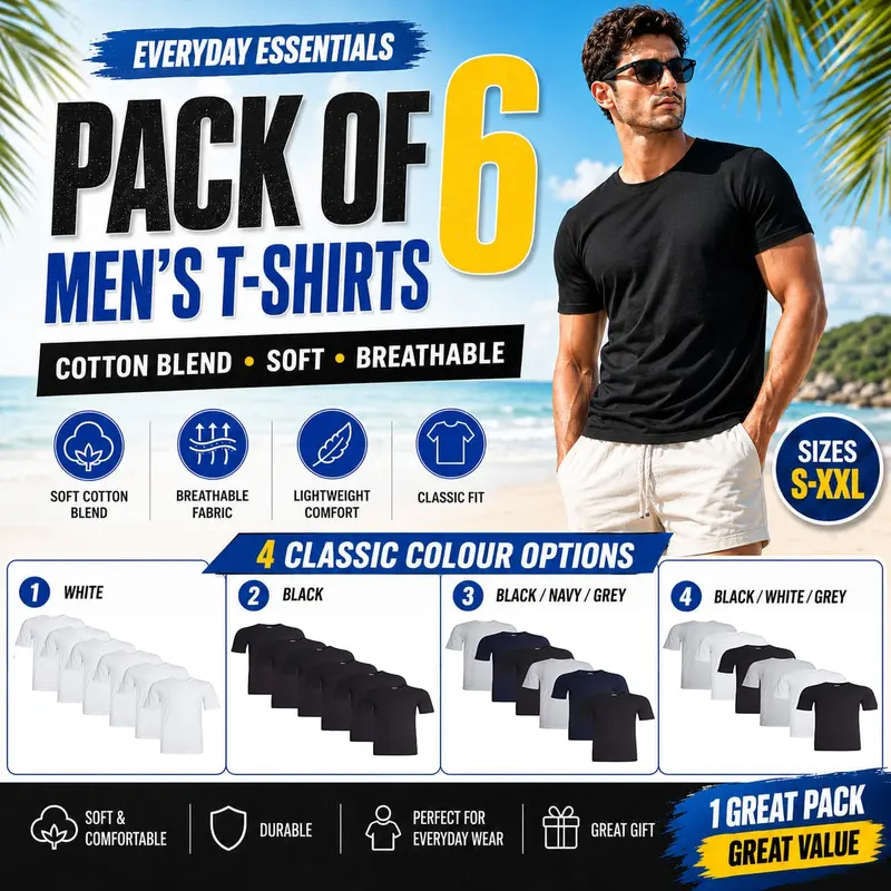 Sock Stack Men's T-Shirts 6 Pack Crew Neck Short Sleeve Cotton Blend Slim Fit Multipack