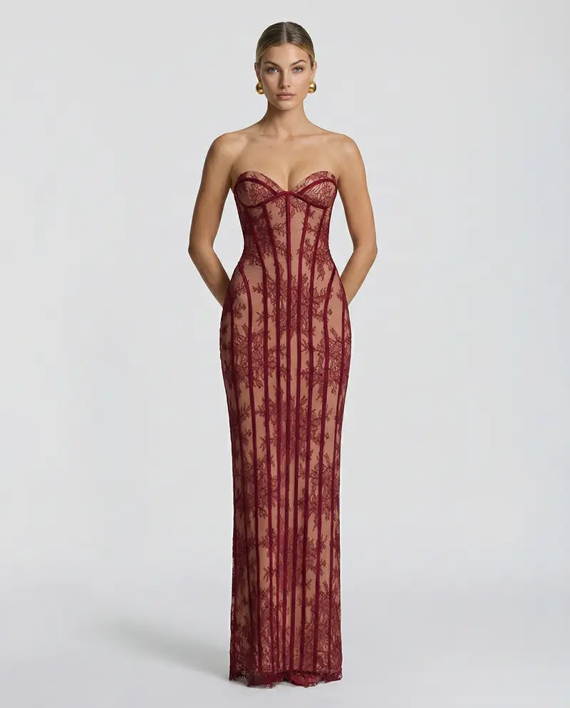 Strapless maxi-jurk met bloemenkant en korset
