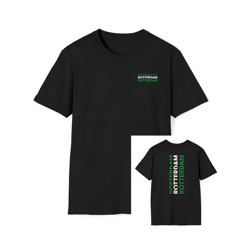 T-shirt regular zwart - Rotterdam groen wit groen - logo voor en achter