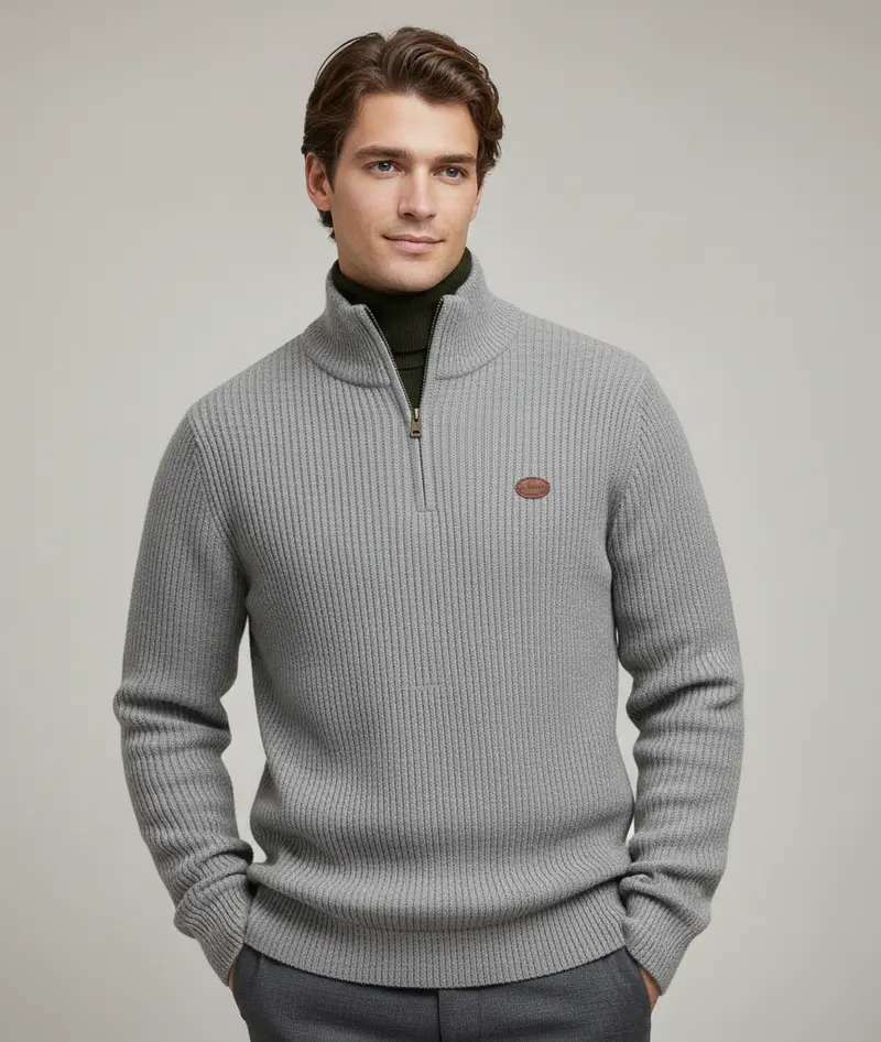 Warme gebreide pullover met hoge kraag en kwartritssluiting voor heren