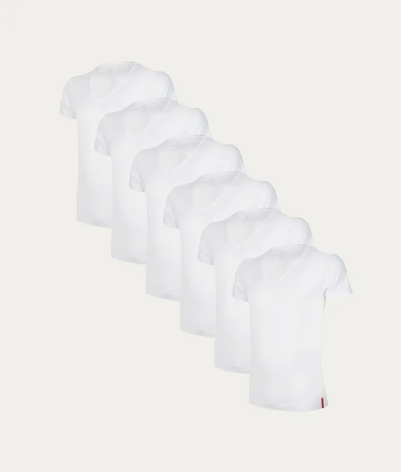 Witte Slim Fit T-shirt Diepe V-hals Chalk White (6-pack)