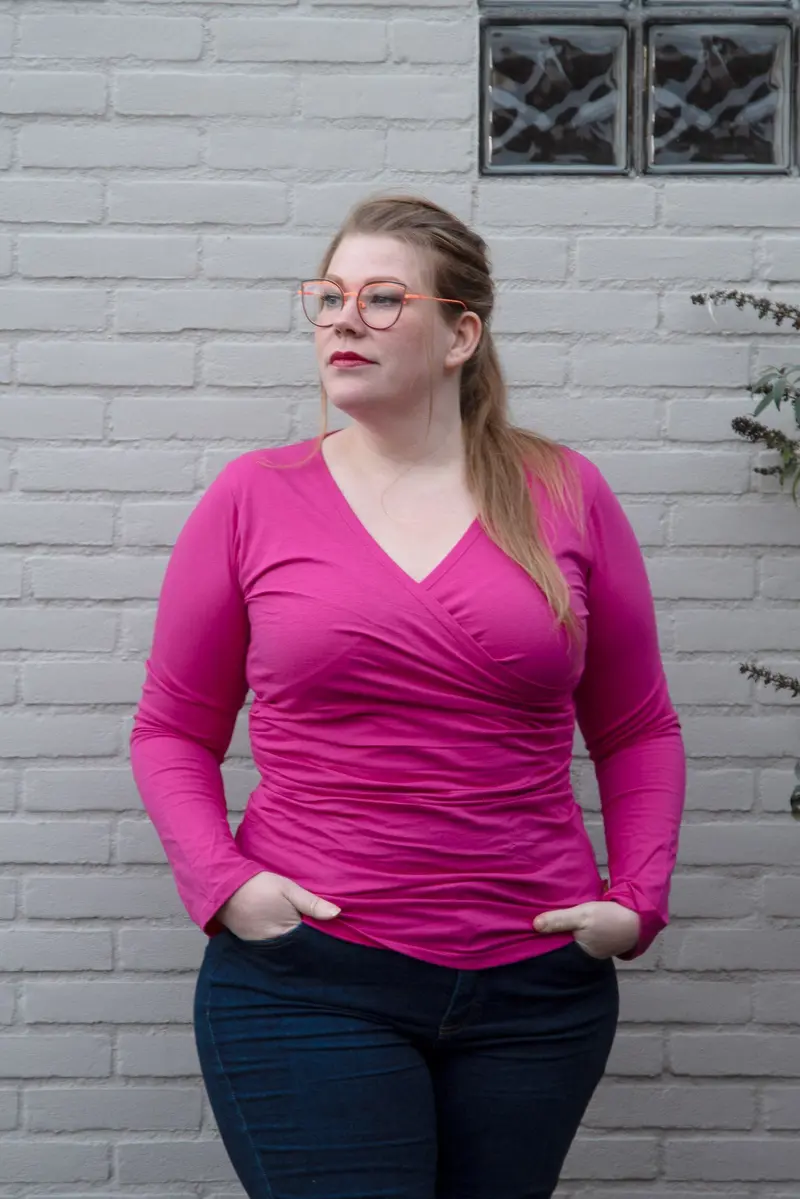 Wrap Top - cotton stretch long sleeves top - bright pink