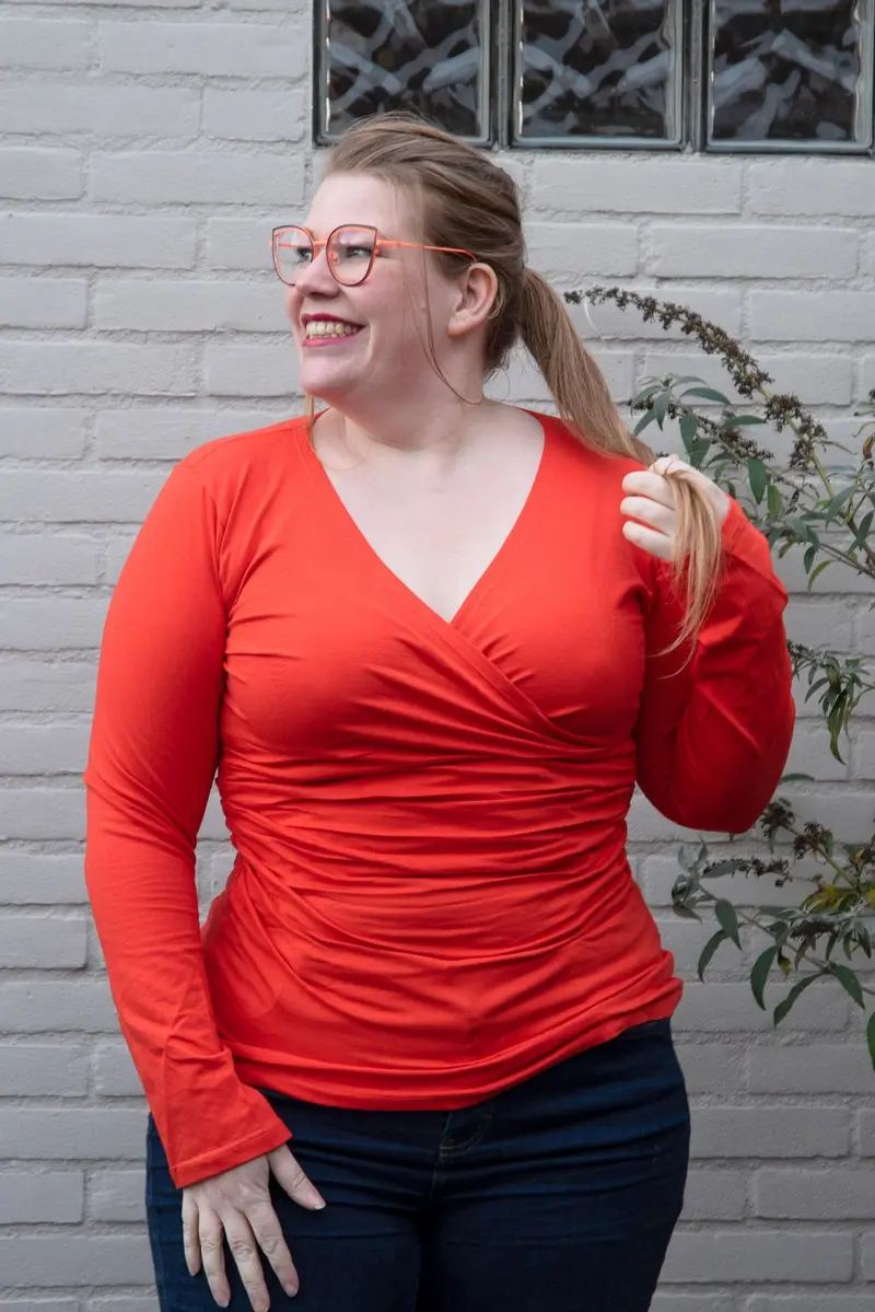 Wrap Top - cotton stretch long sleeves top - orange