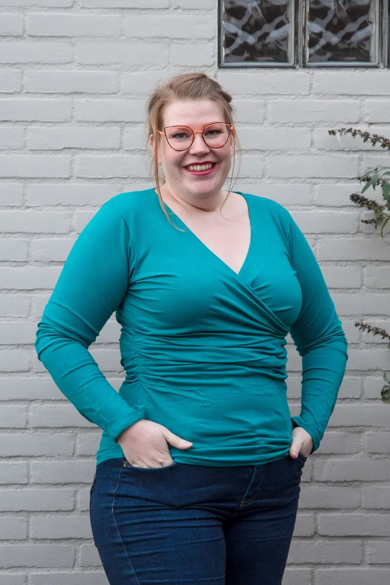 Wrap Top - cotton stretch long sleeves top- petrol