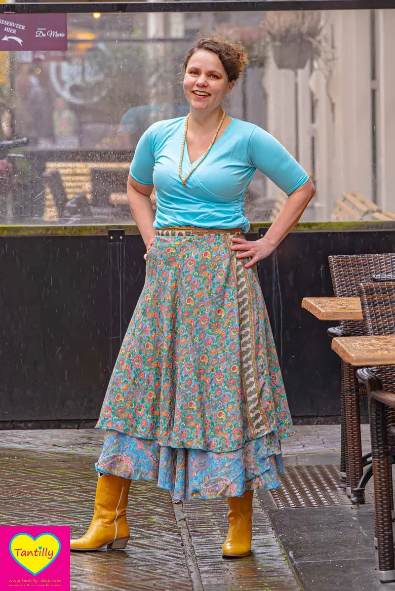 Wrap top - katoen stretch- aqua blauw