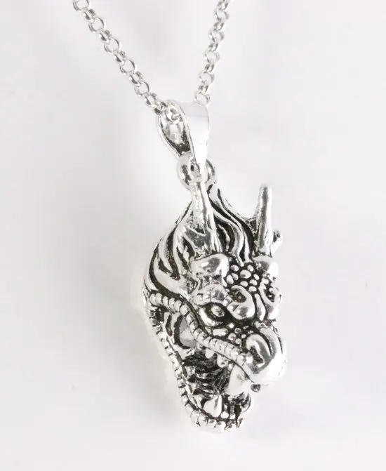Zilveren drakenkop hanger aan jasseron ketting