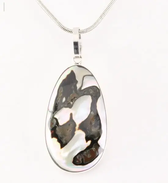 Zilveren hanger met Mexicaanse abalone schelp aan snake ketting