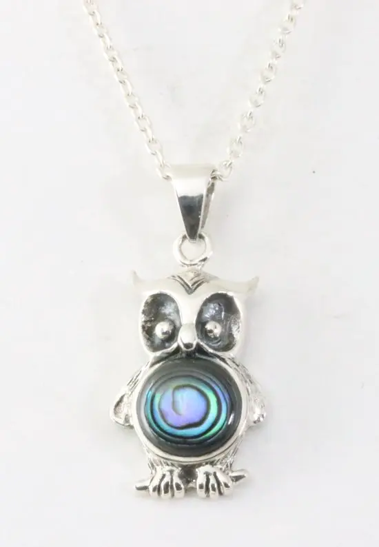 Zilveren uil hanger met abalone schelp aan ketting