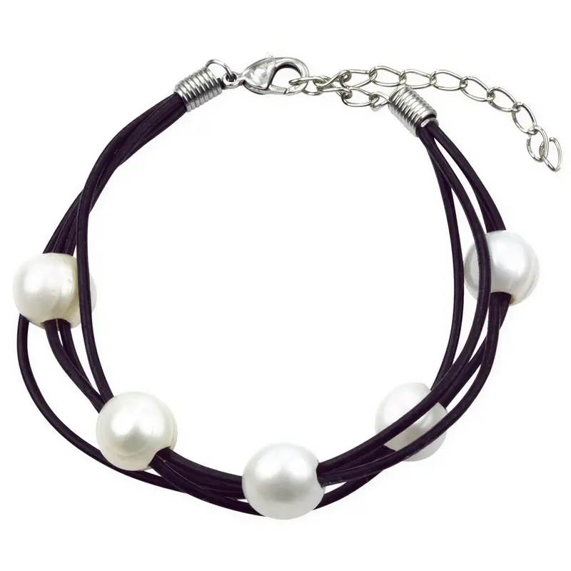 Zoetwater parel armband Black Leather 5 Pearl