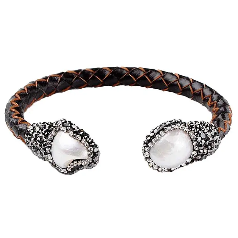 Zoetwater parel armband Bright Pearl Brown Leather Bangle