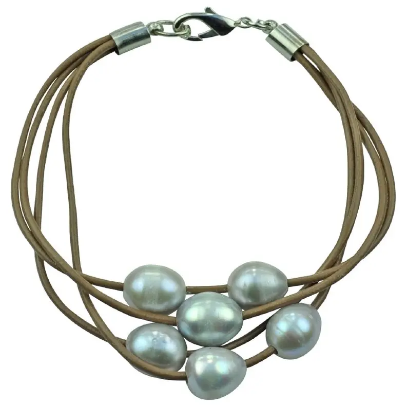 Zoetwater parel armband Leather Pearl Grey