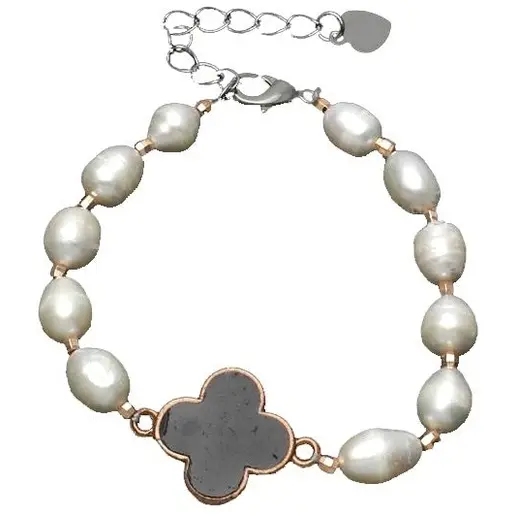 Zoetwater parel armband Pearl Four Leaf Clover Black
