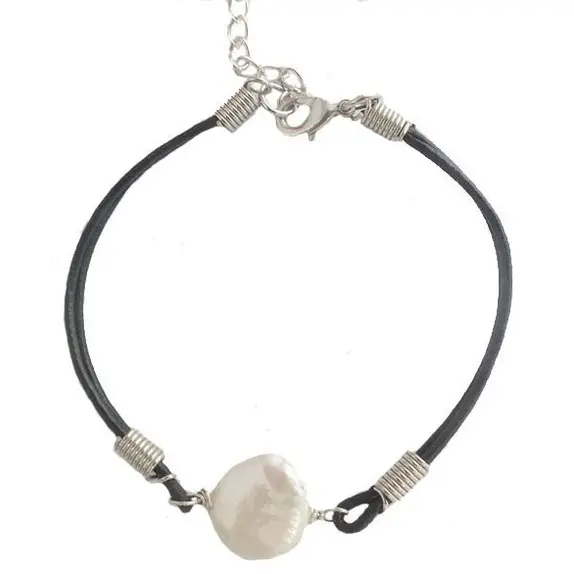Zoetwater parel armband White Coin Leather