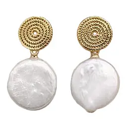 Zoetwater parel oorbellen Gold Circle White Coin