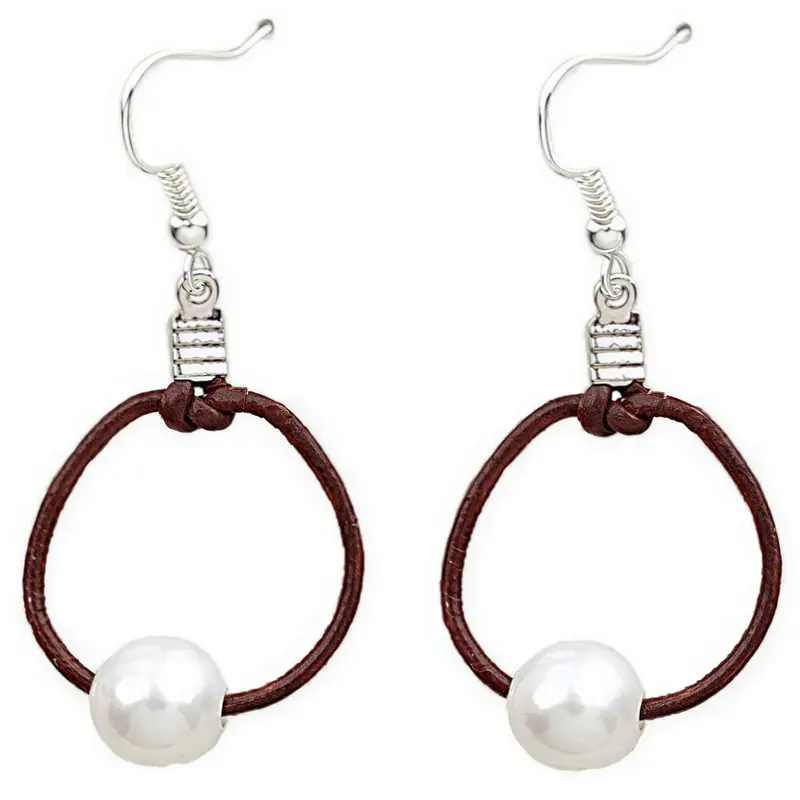 Zoetwater parel oorbellen - Wit - Bruin Leer - Sterling zilver - Brown Leather Pearl