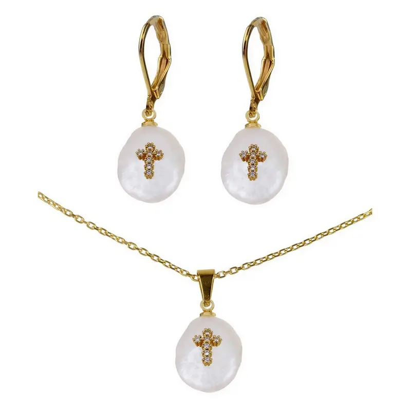 Zoetwater parel set Coin Pearl Golden Cross
