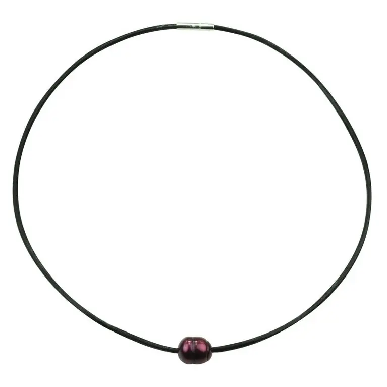 Zoetwater parelketting Black Leather Pearl Red