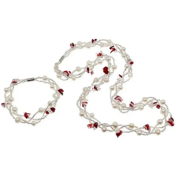Zoetwaterparel met edelstenen set Twine Pearl Red Agate