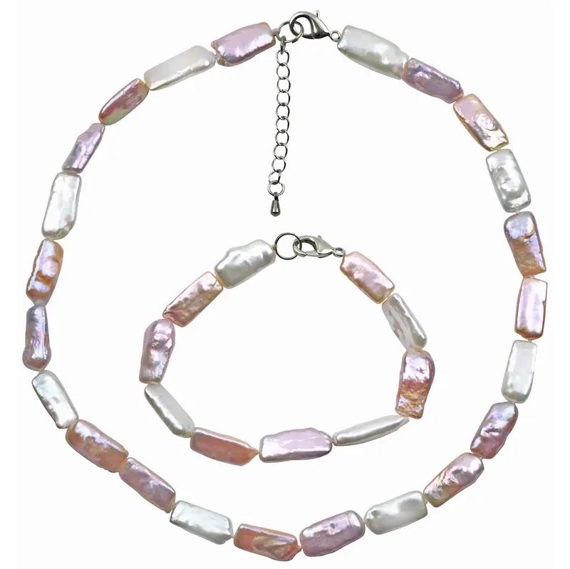 Zoetwaterparel set ketting + armband - Pearl Rectangle Soft Colors