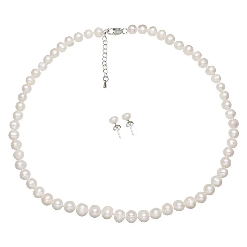 Zoetwaterparel set ketting + oorbellen - wit - zilver (925) - Bella