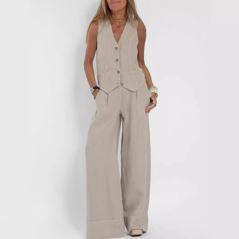 Zomerse Mouwloze V-hals Vest en Losse Rechte Broek